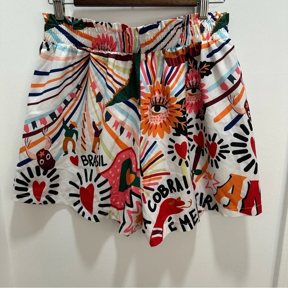 Womens Brasil Graphic Print Paperbag Waist Shorts Multicolor‎ XL 12
